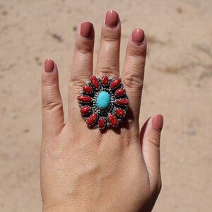 Navajo Cluster Apple Coral & Turquoise‎ Ring Handcrafted NA Jewelry Sz 8.75US**